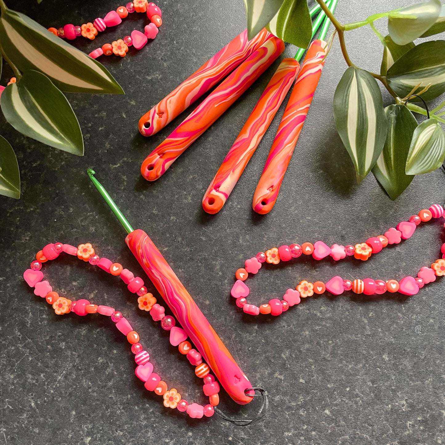 Pink and Orange Marble Polymer Clay Crochet Hook