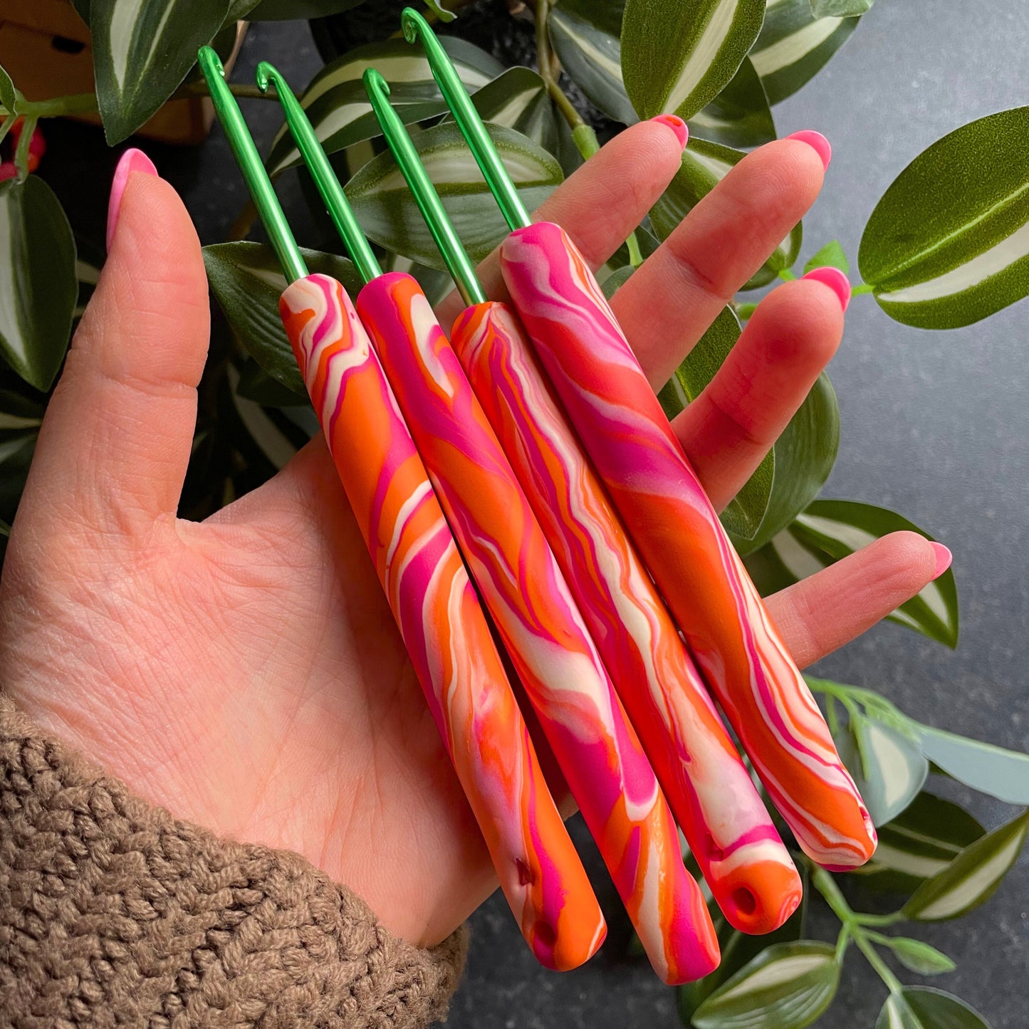 Pink and Orange Marble Polymer Clay Crochet Hook