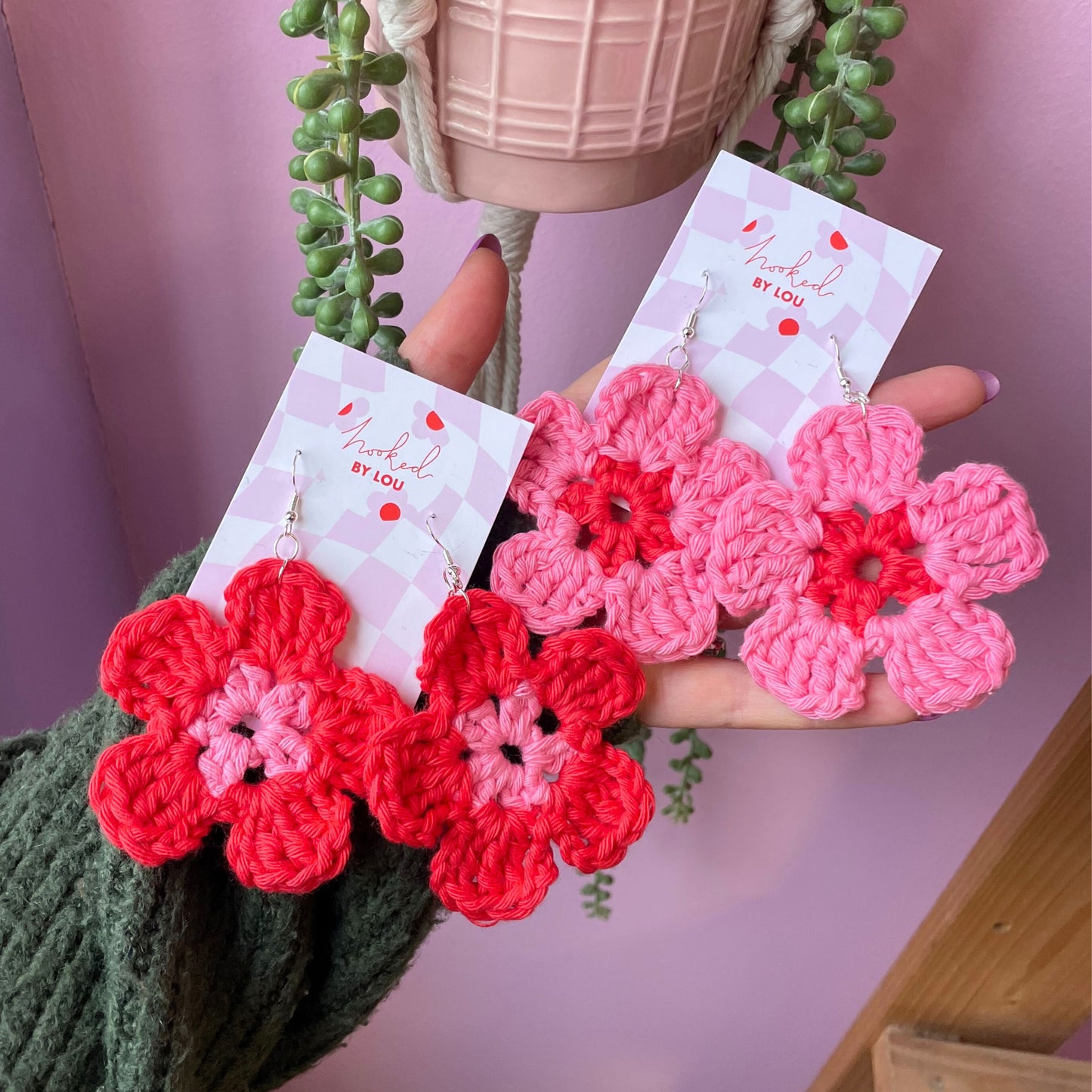 Daisy Flower Earrings - Red and Pink