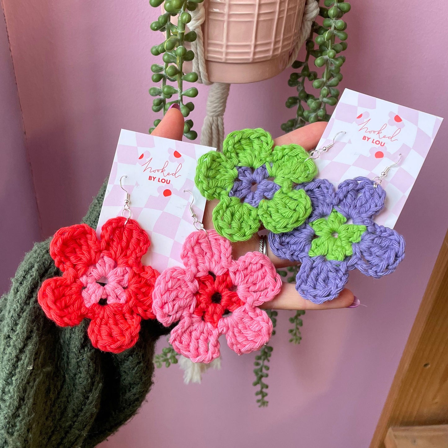 Daisy Flower Earrings - Purple and Green