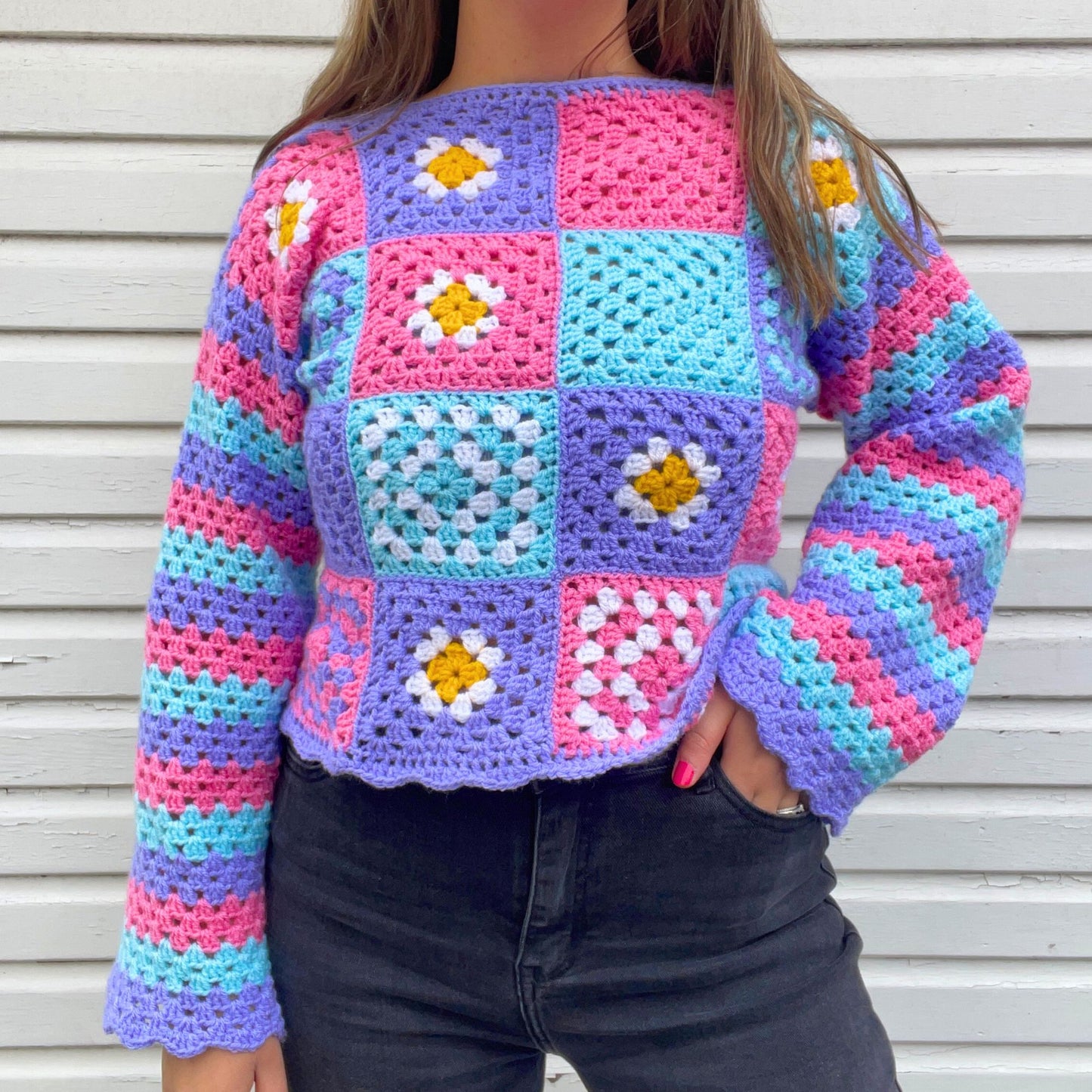Pastel Patchwork Striped Sleeve Jumper - Size S/M
