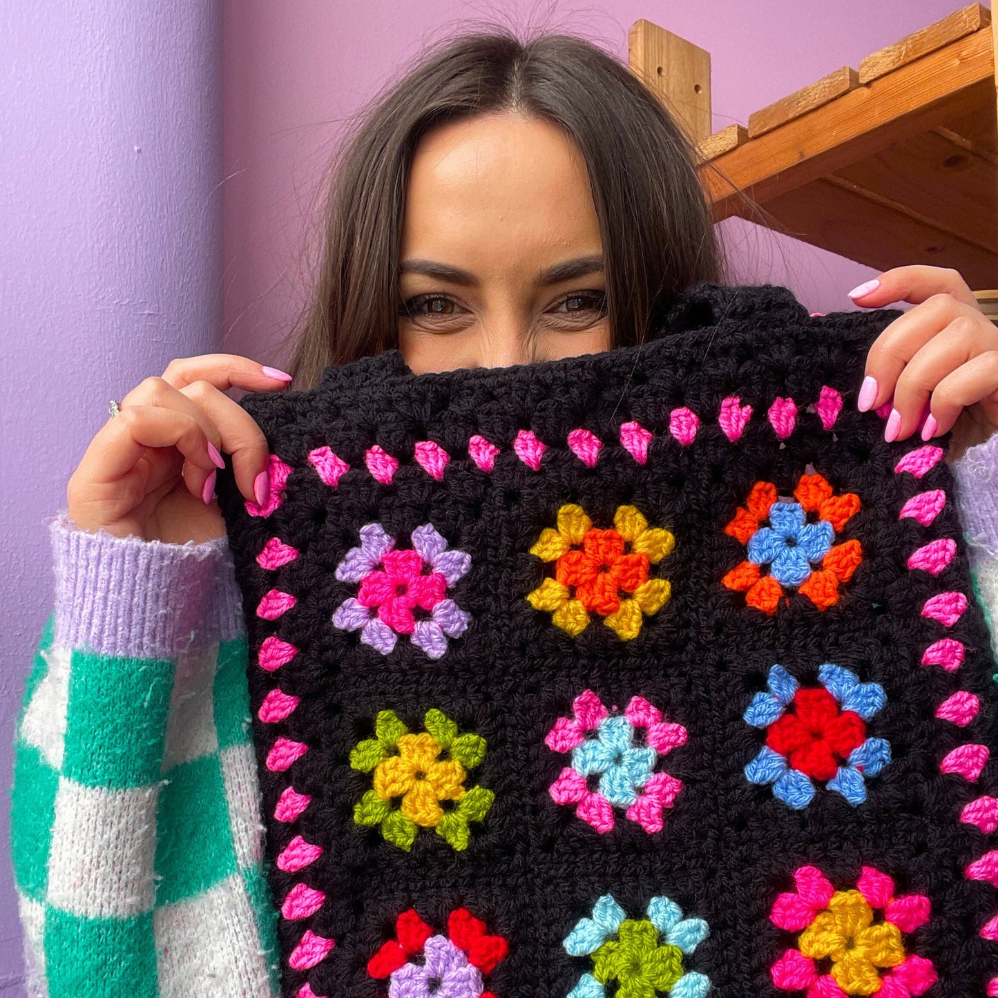 Black and Pink Rainbow Patterned Crochet Tote Bag