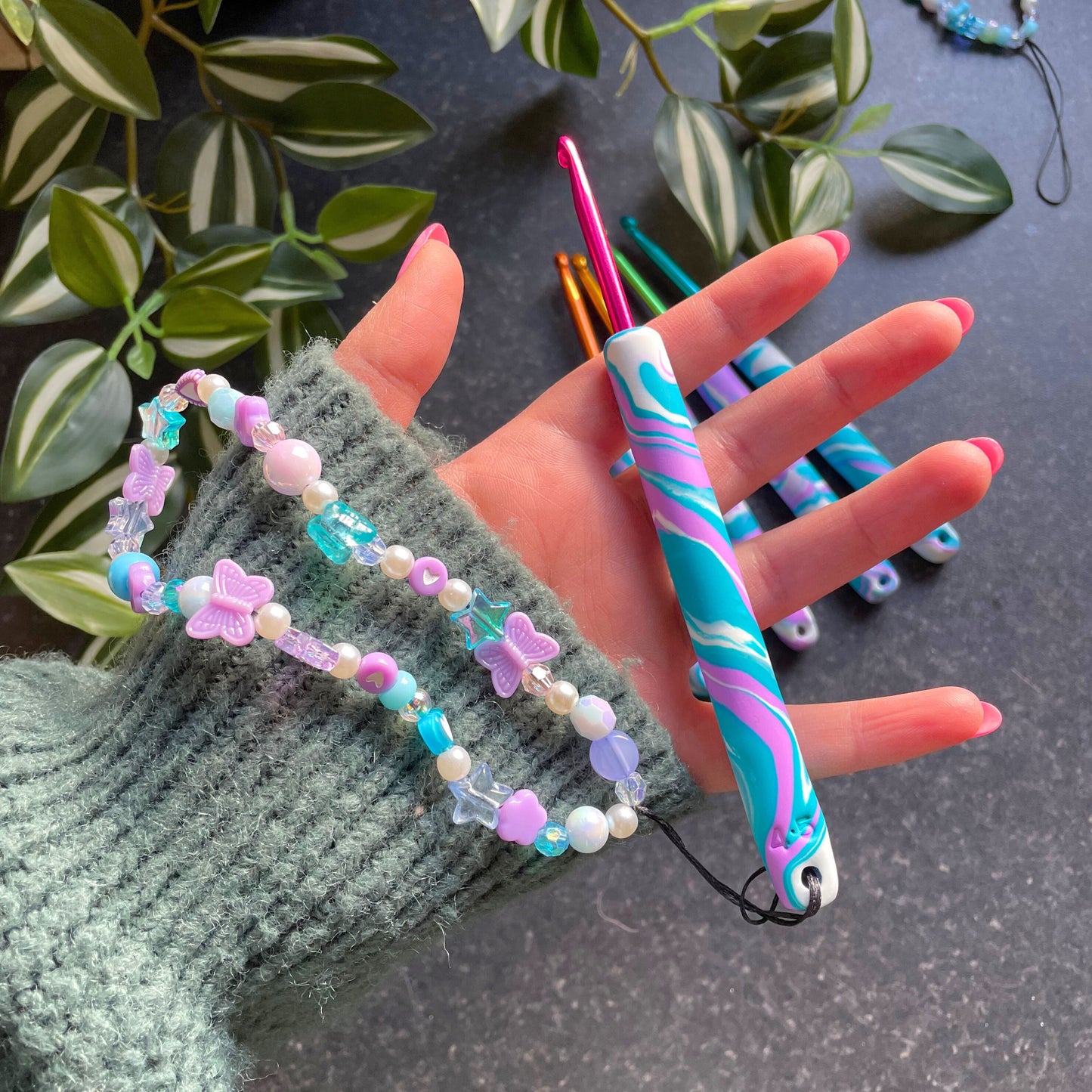 Purple and Blue Marble Polymer Clay Crochet Hook