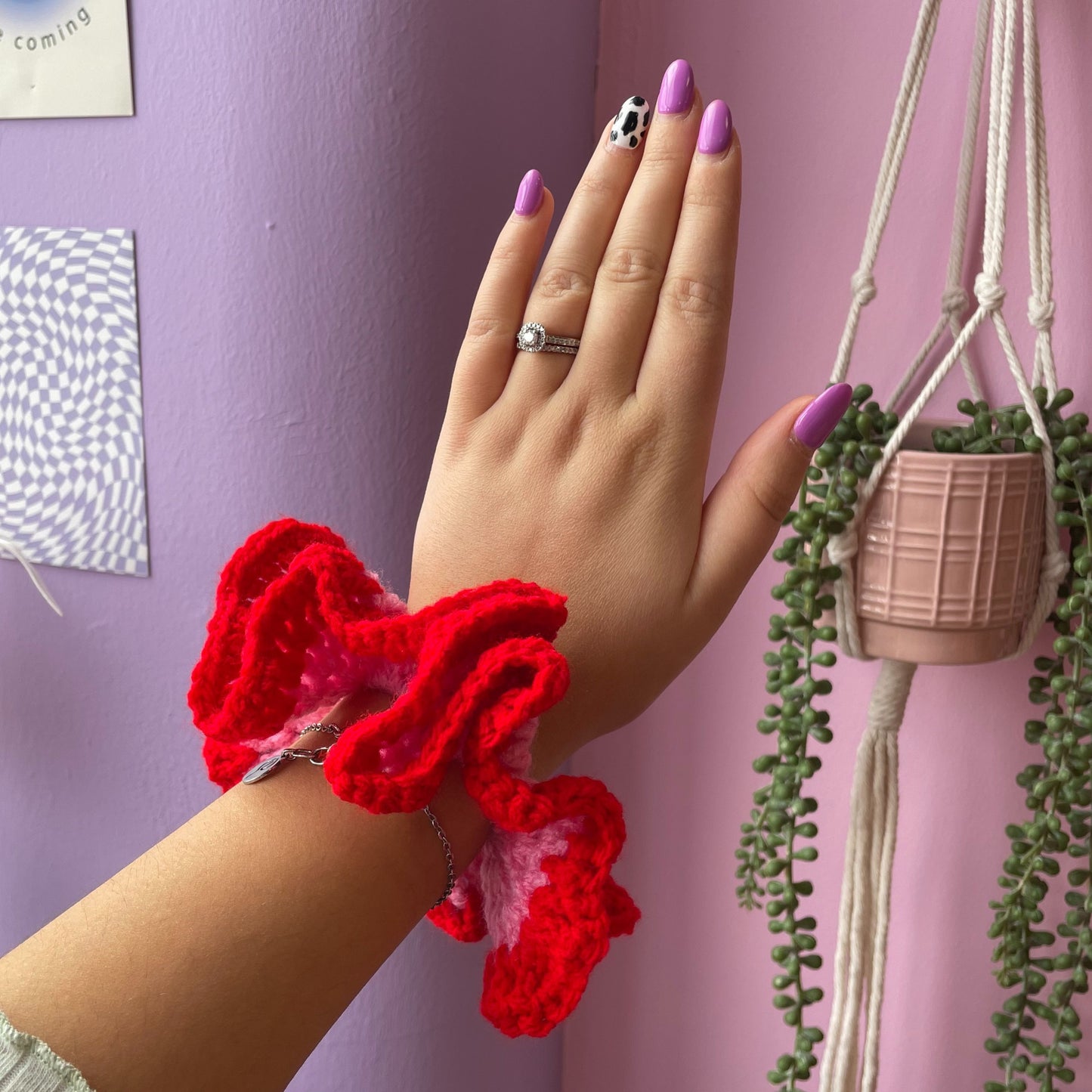 Pink and Red Hair Scrunchie Crochet Handmade