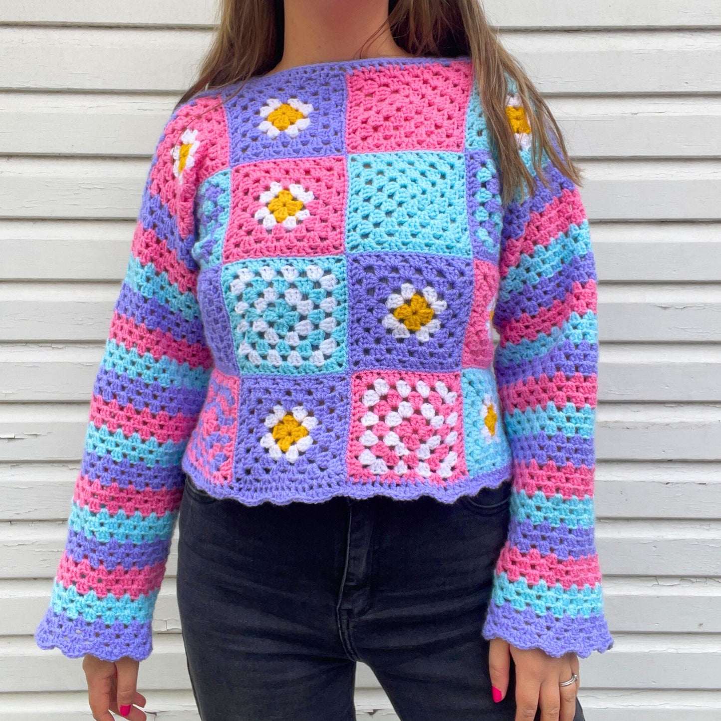 Pastel Patchwork Striped Sleeve Jumper - Size S/M