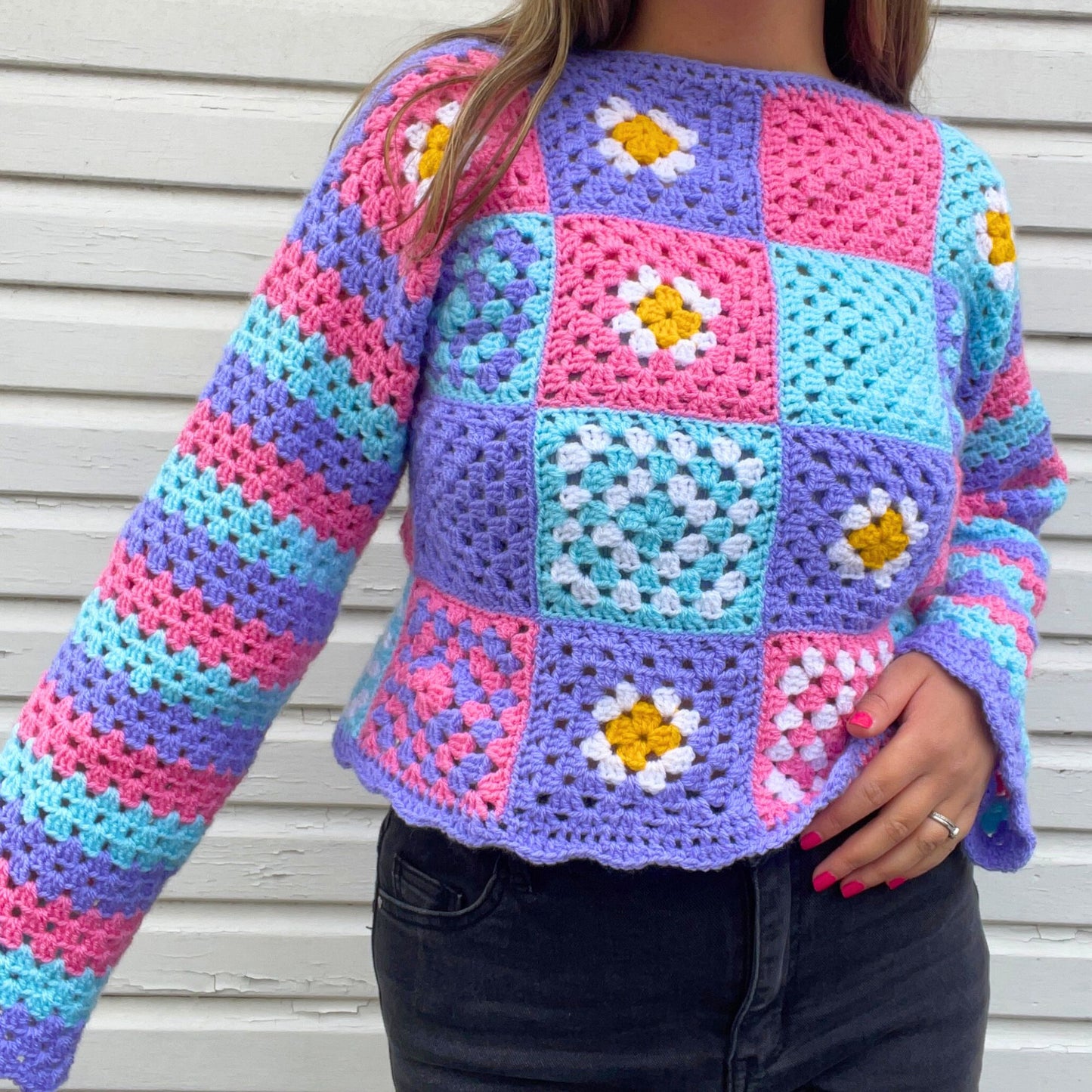 Pastel Patchwork Striped Sleeve Jumper - Size S/M