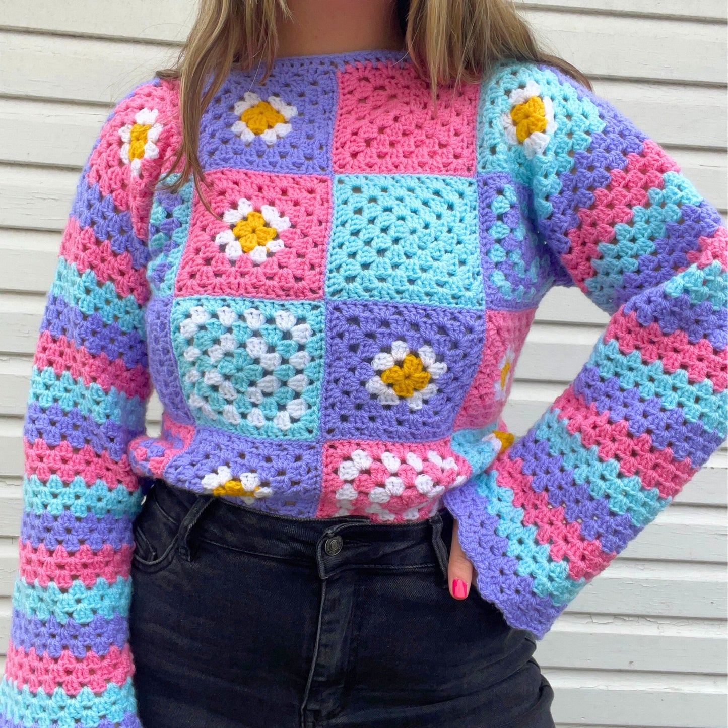 Pastel Patchwork Striped Sleeve Jumper - Size S/M