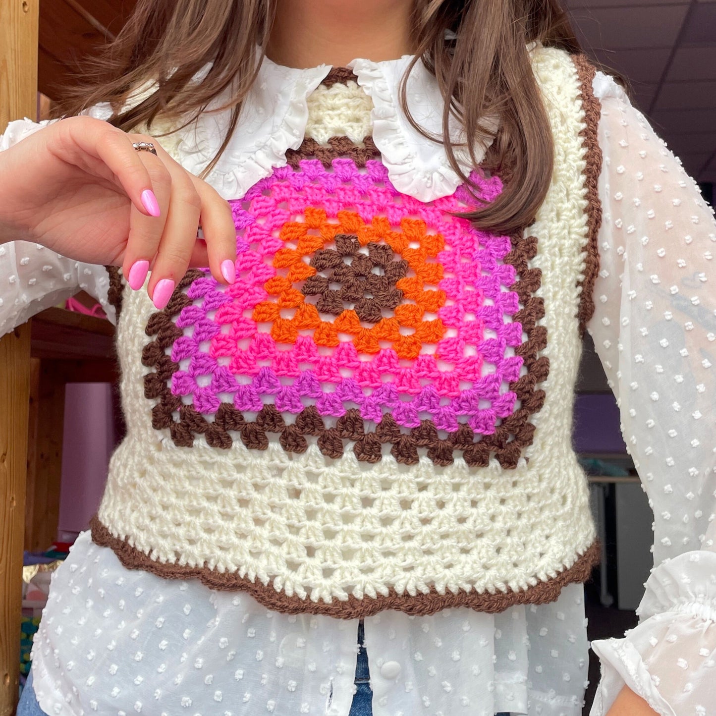 Sunset Cream Granny Square Crochet Vest