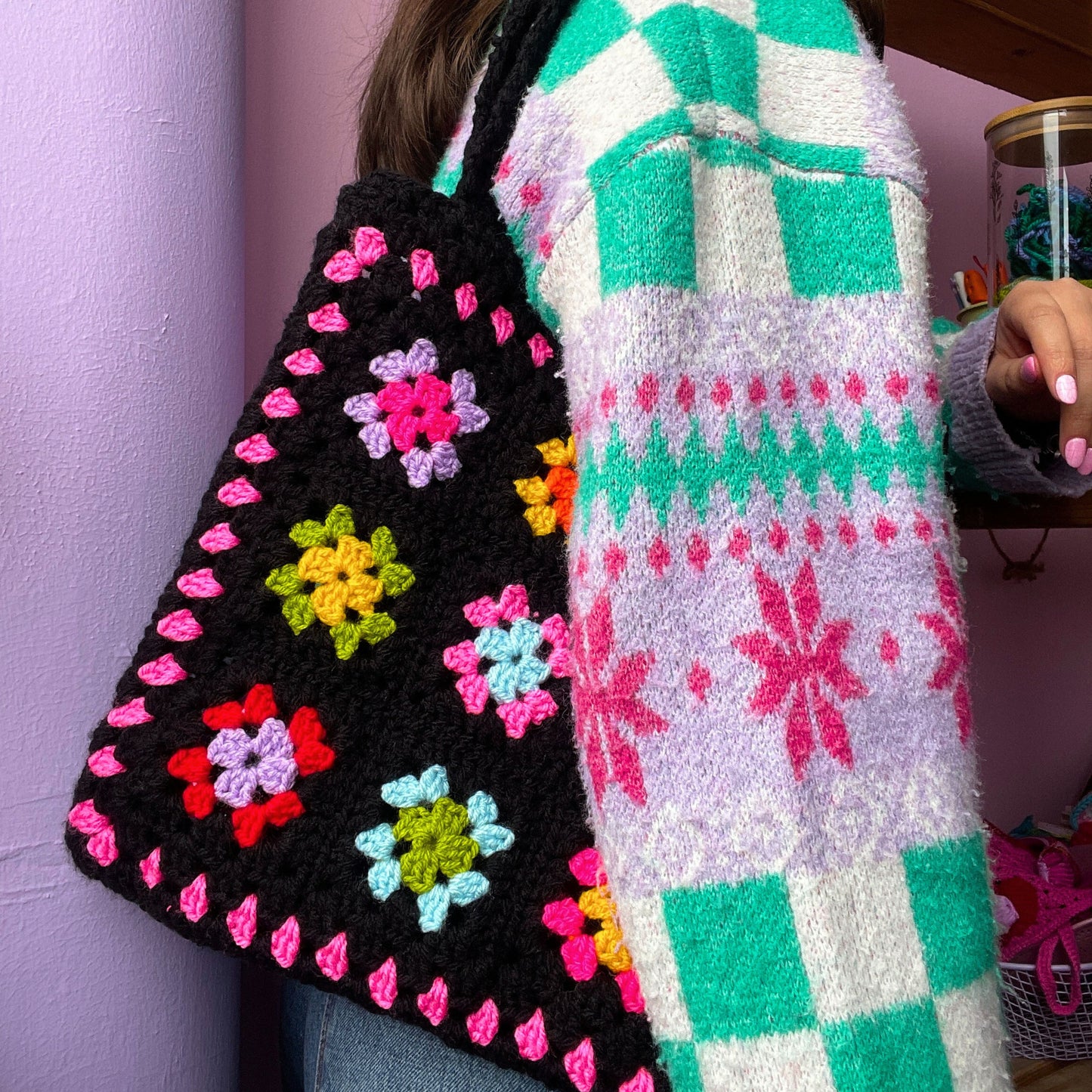Black and Pink Rainbow Patterned Crochet Tote Bag