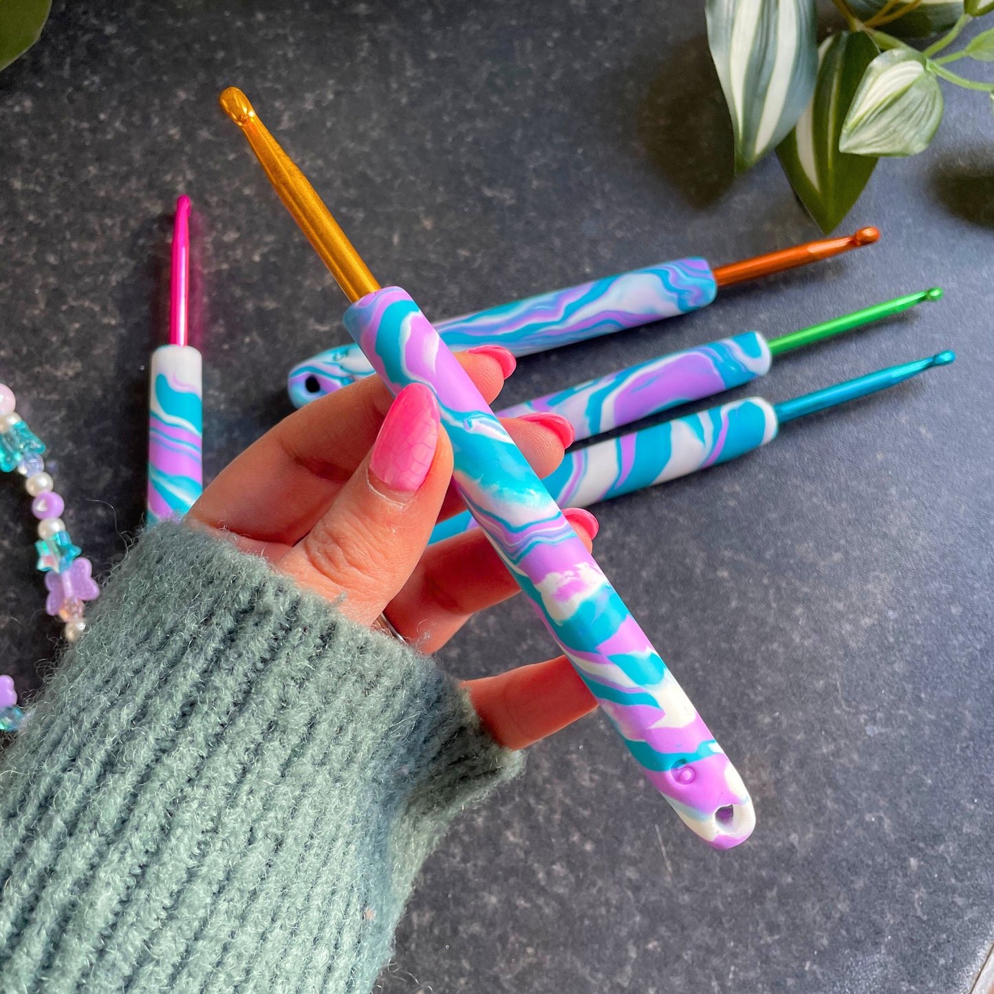 Purple and Blue Marble Polymer Clay Crochet Hook