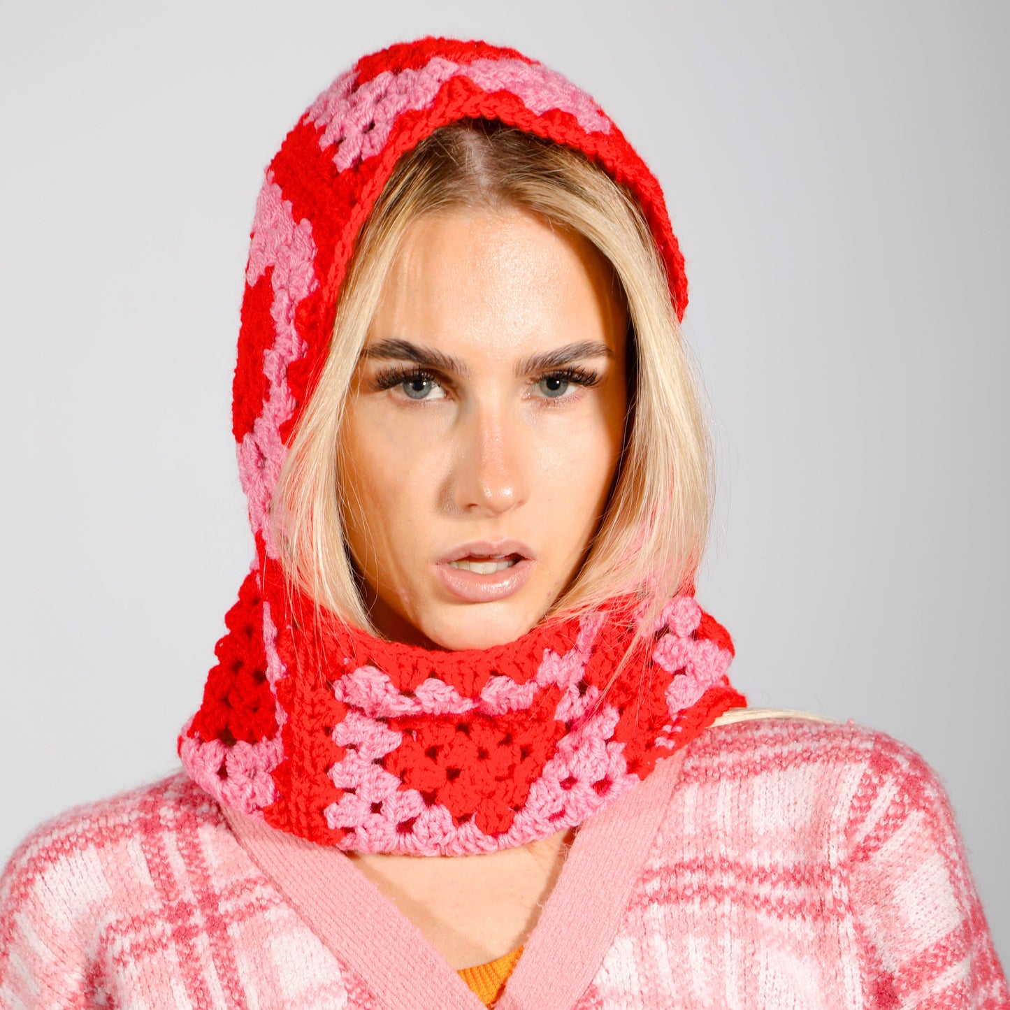 Pink and Red Crochet Balaclava