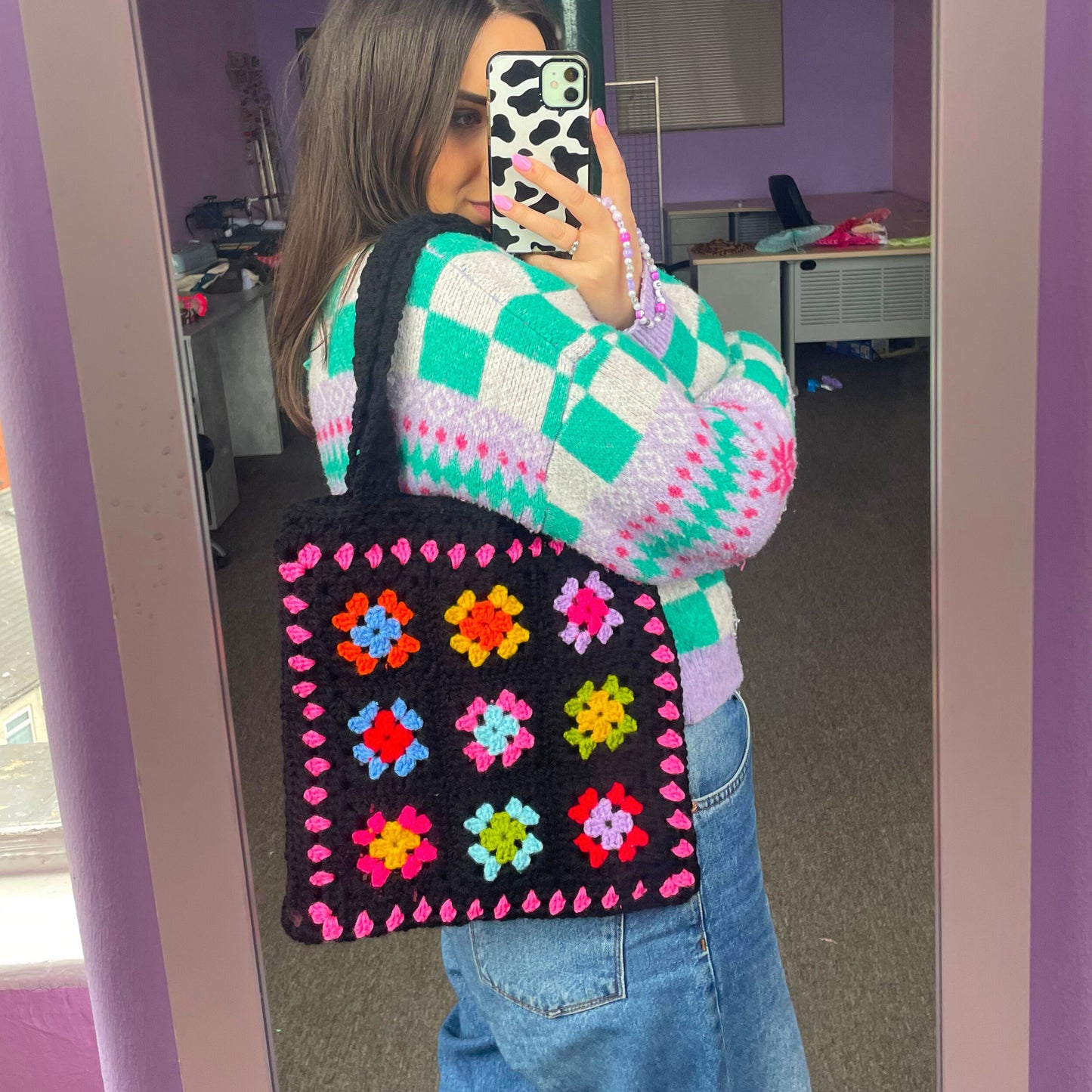 Black and Pink Rainbow Patterned Crochet Tote Bag