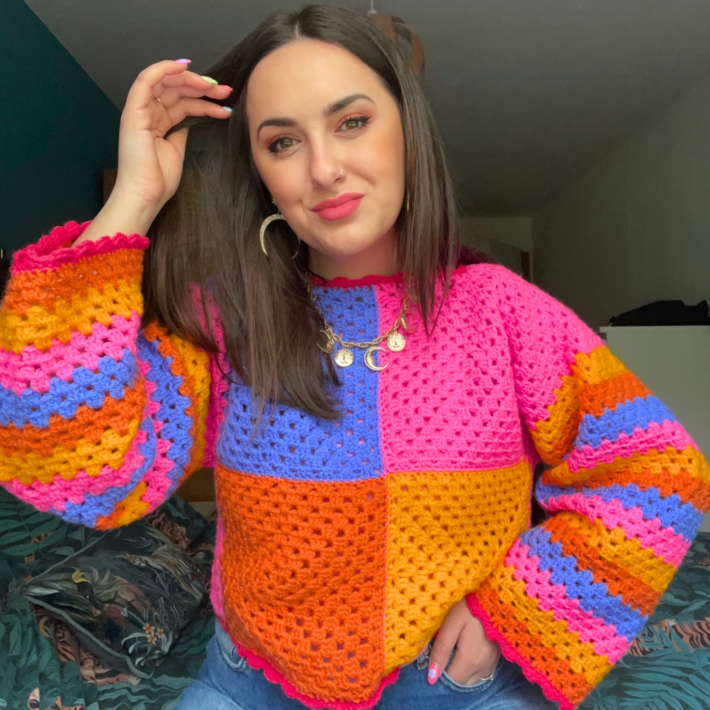 Colourful Handmade Patchwork Crochet Jumper - Size M