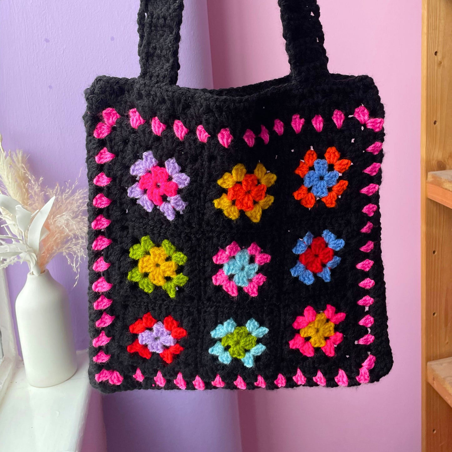 Black and Pink Rainbow Patterned Crochet Tote Bag