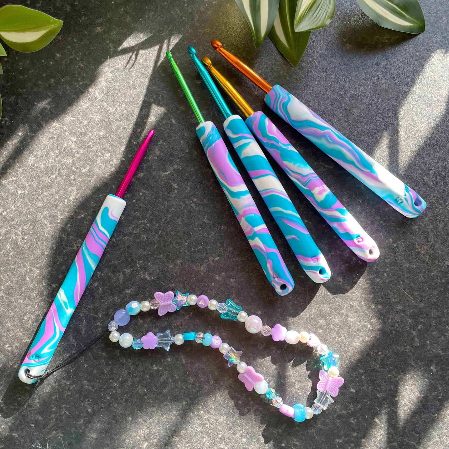 Purple and Blue Marble Polymer Clay Crochet Hook