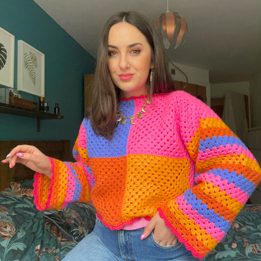 Colourful Handmade Patchwork Crochet Jumper - Size M