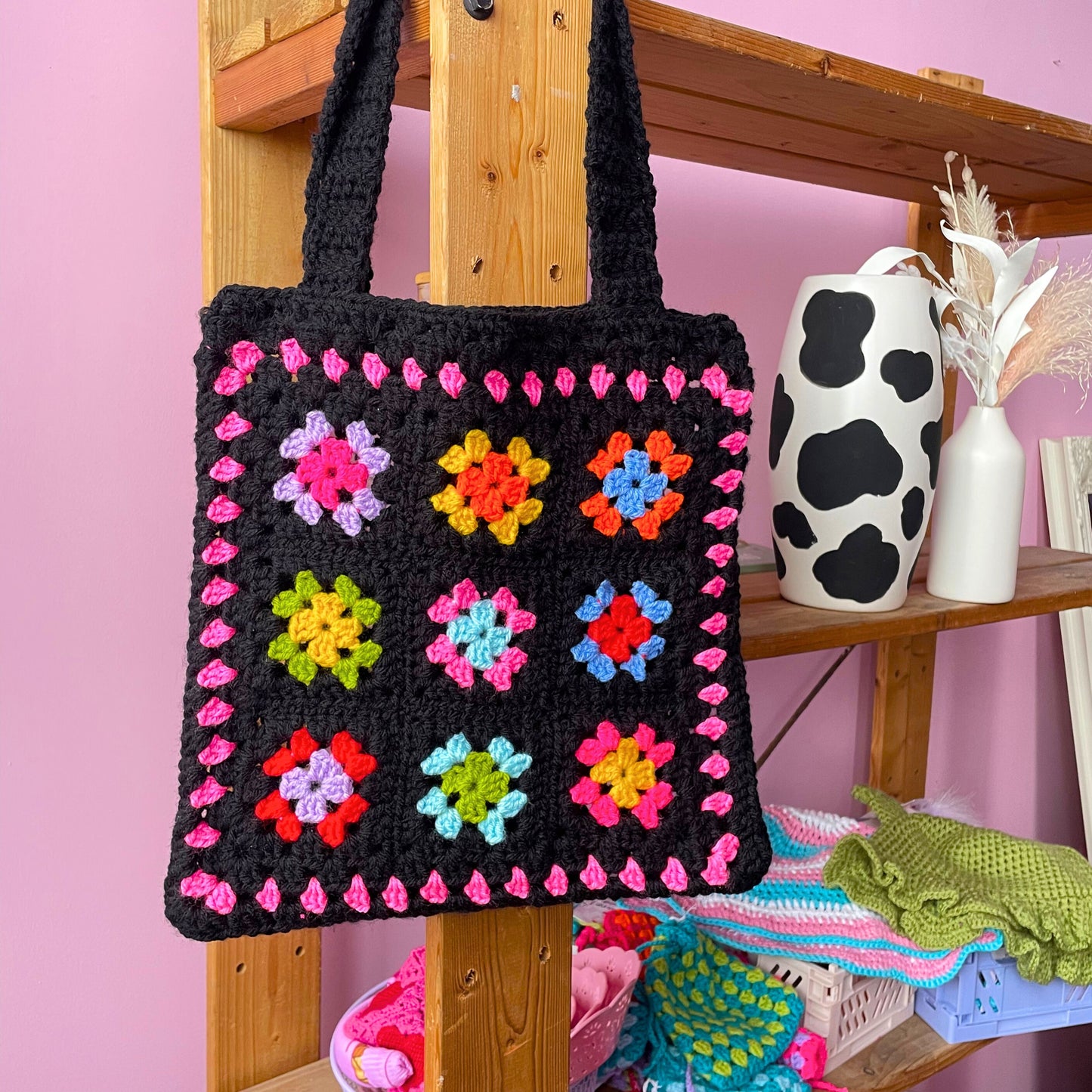 Black and Pink Rainbow Patterned Crochet Tote Bag