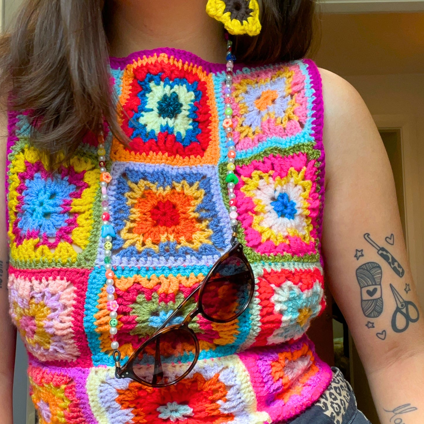 Rainbow Patchwork Crochet Top - M/L