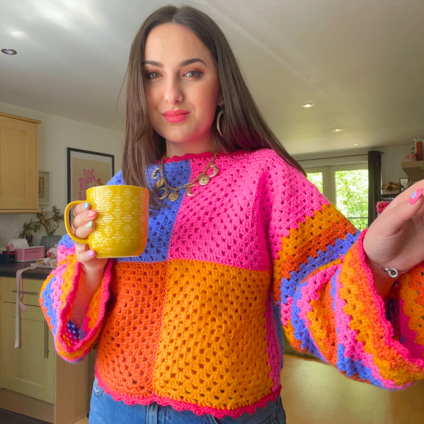 Colourful Handmade Patchwork Crochet Jumper - Size M