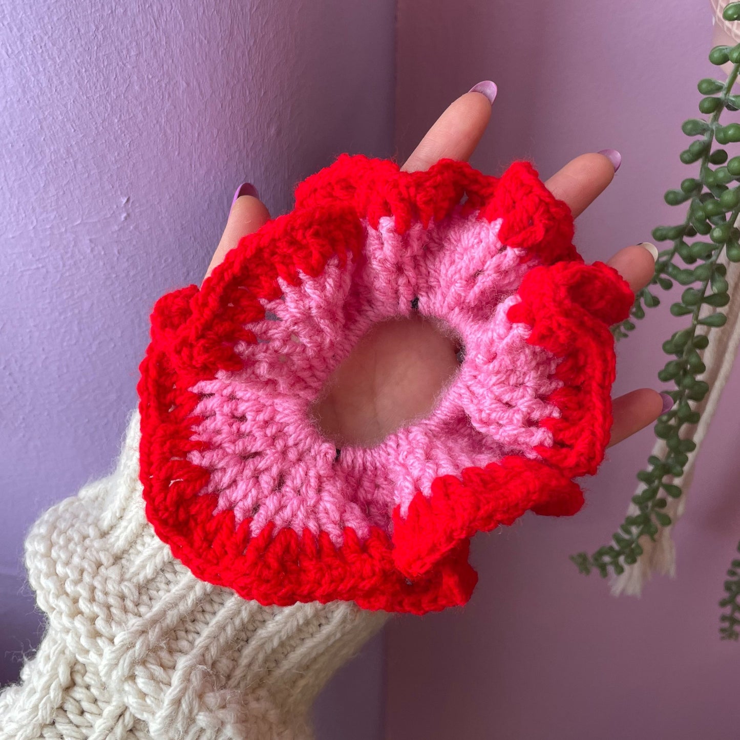 Pink and Red Hair Scrunchie Crochet Handmade