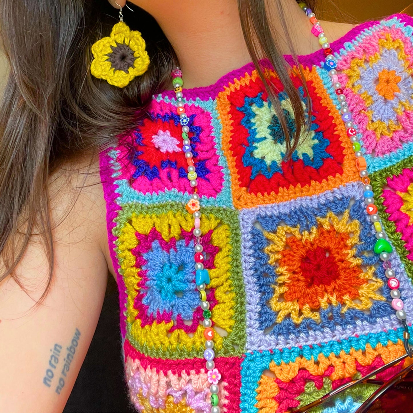 Rainbow Patchwork Crochet Top - M/L