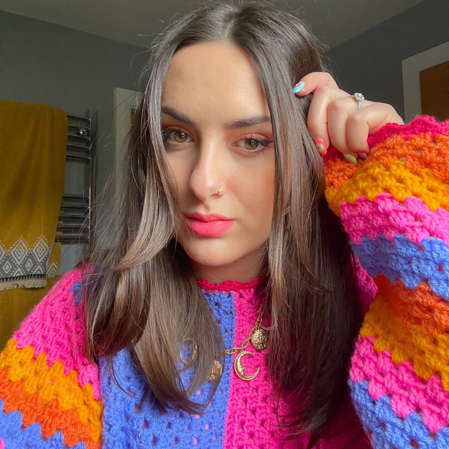 Colourful Handmade Patchwork Crochet Jumper - Size M