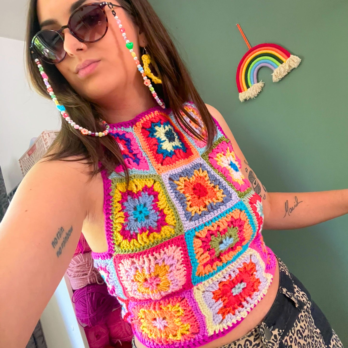 Rainbow Patchwork Crochet Top - M/L