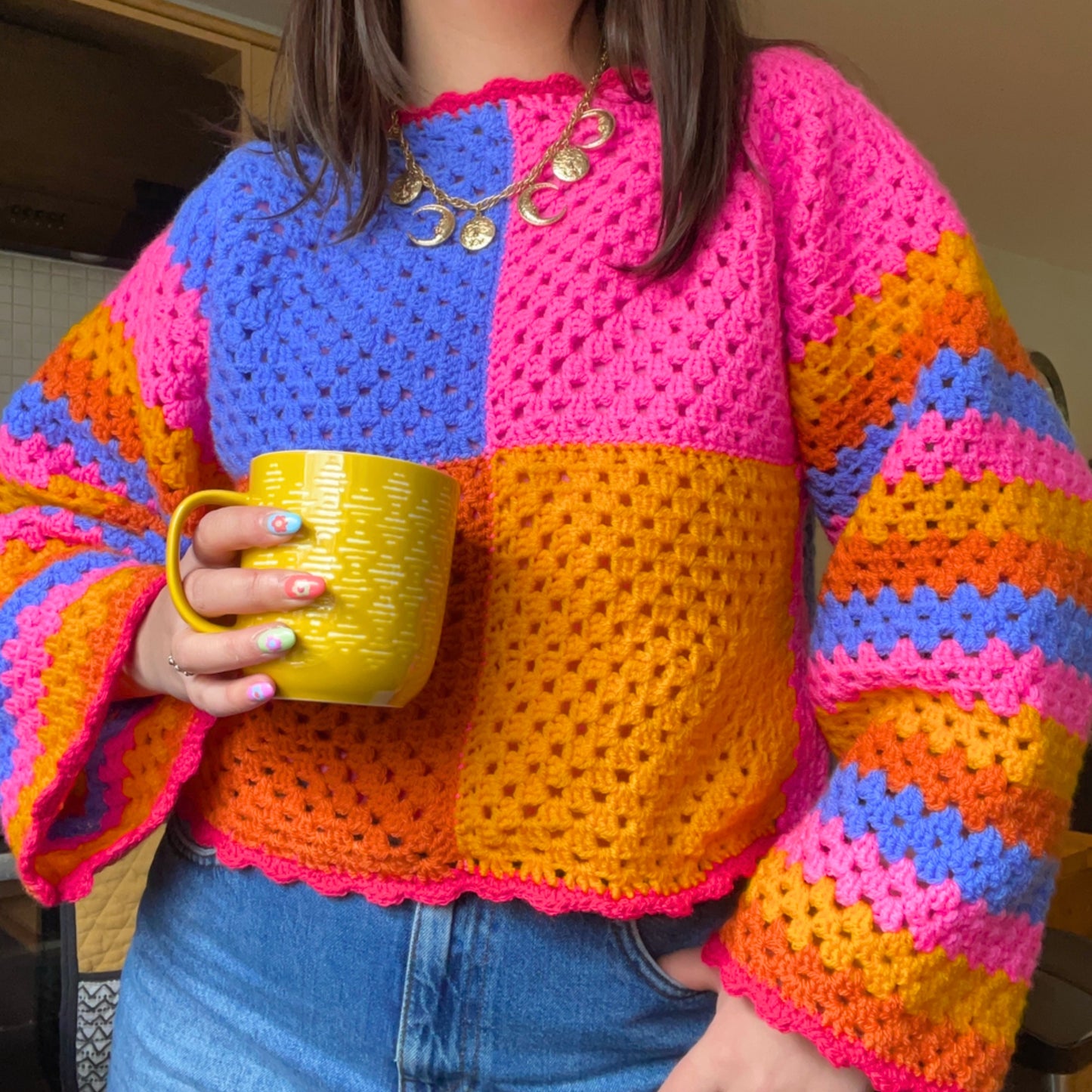 Colourful Handmade Patchwork Crochet Jumper - Size M