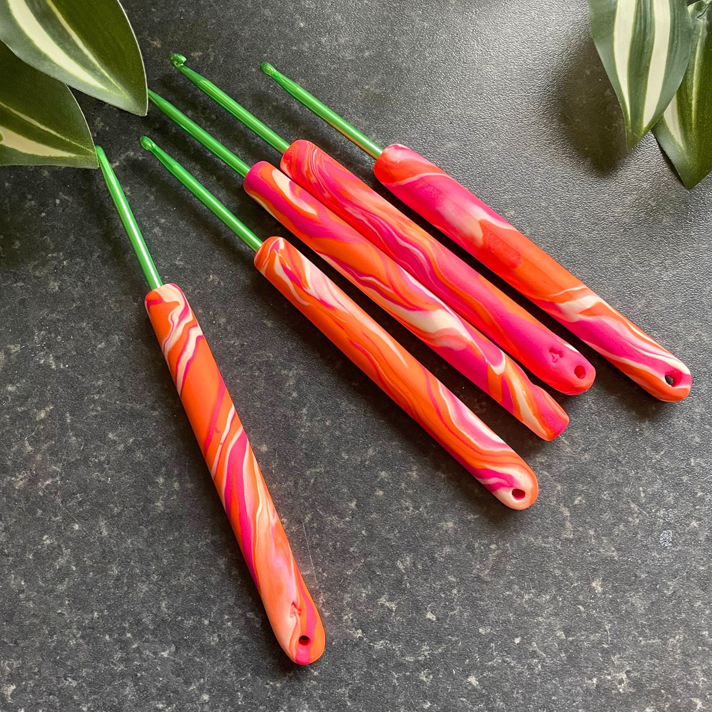 Pink and Orange Marble Polymer Clay Crochet Hook