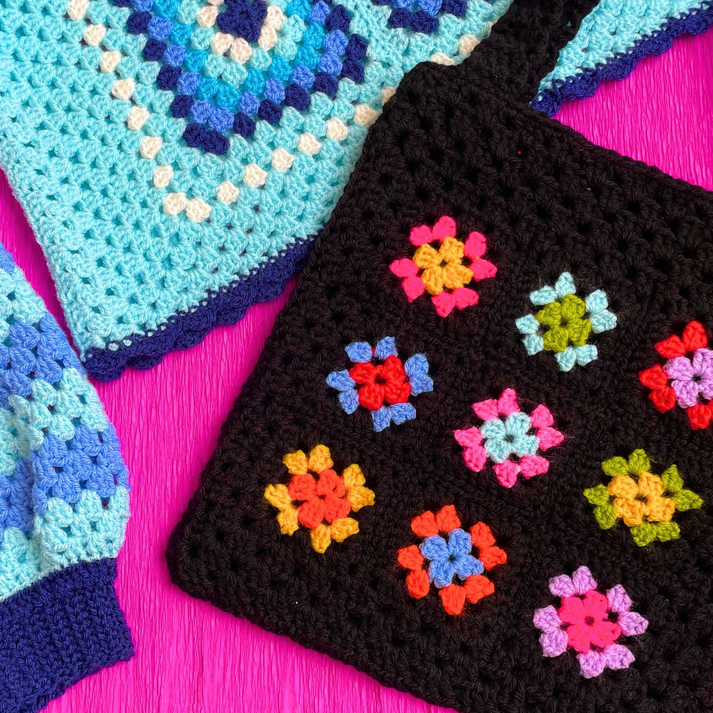 Black Rainbow Patterned Crochet Tote Bag