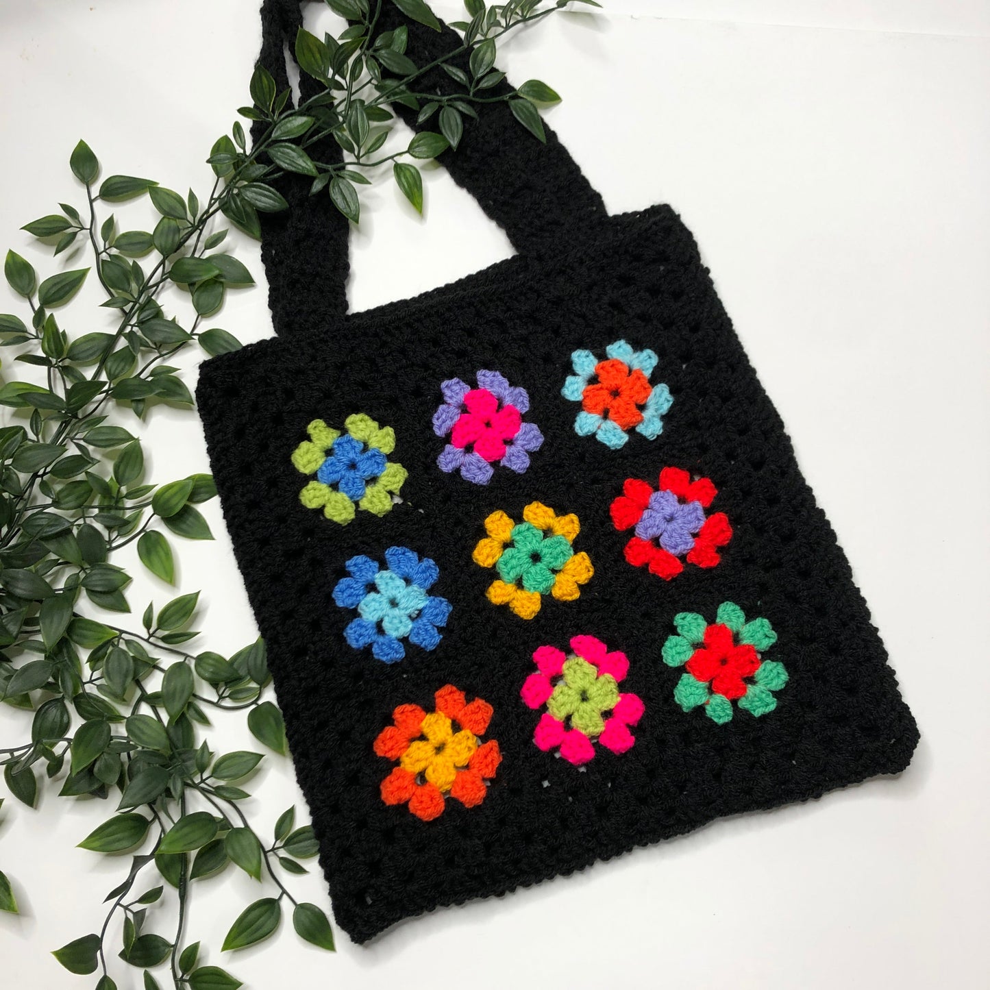 Black Rainbow Patterned Crochet Tote Bag