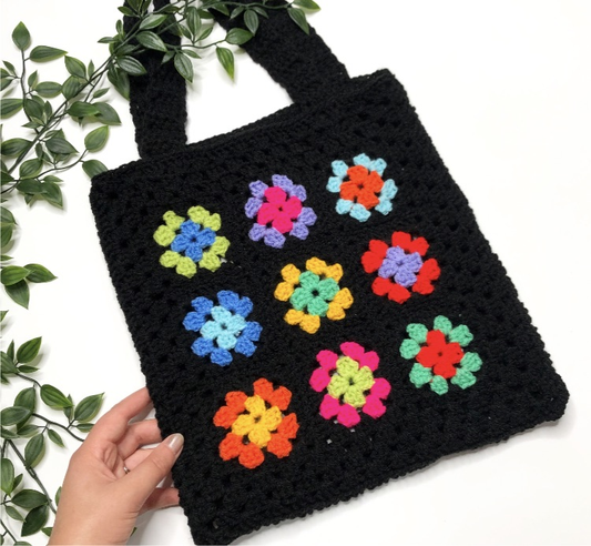 Black Rainbow Patterned Crochet Tote Bag