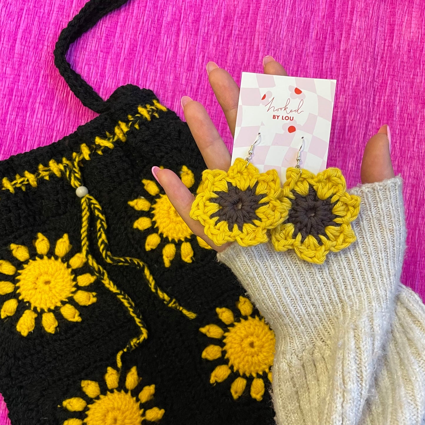 Black Sundance Drawstring Crochet Bag