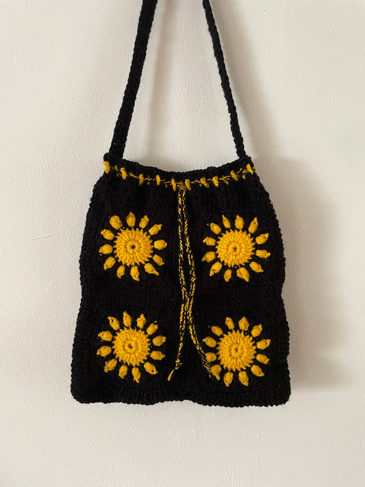 Black Sundance Drawstring Crochet Bag