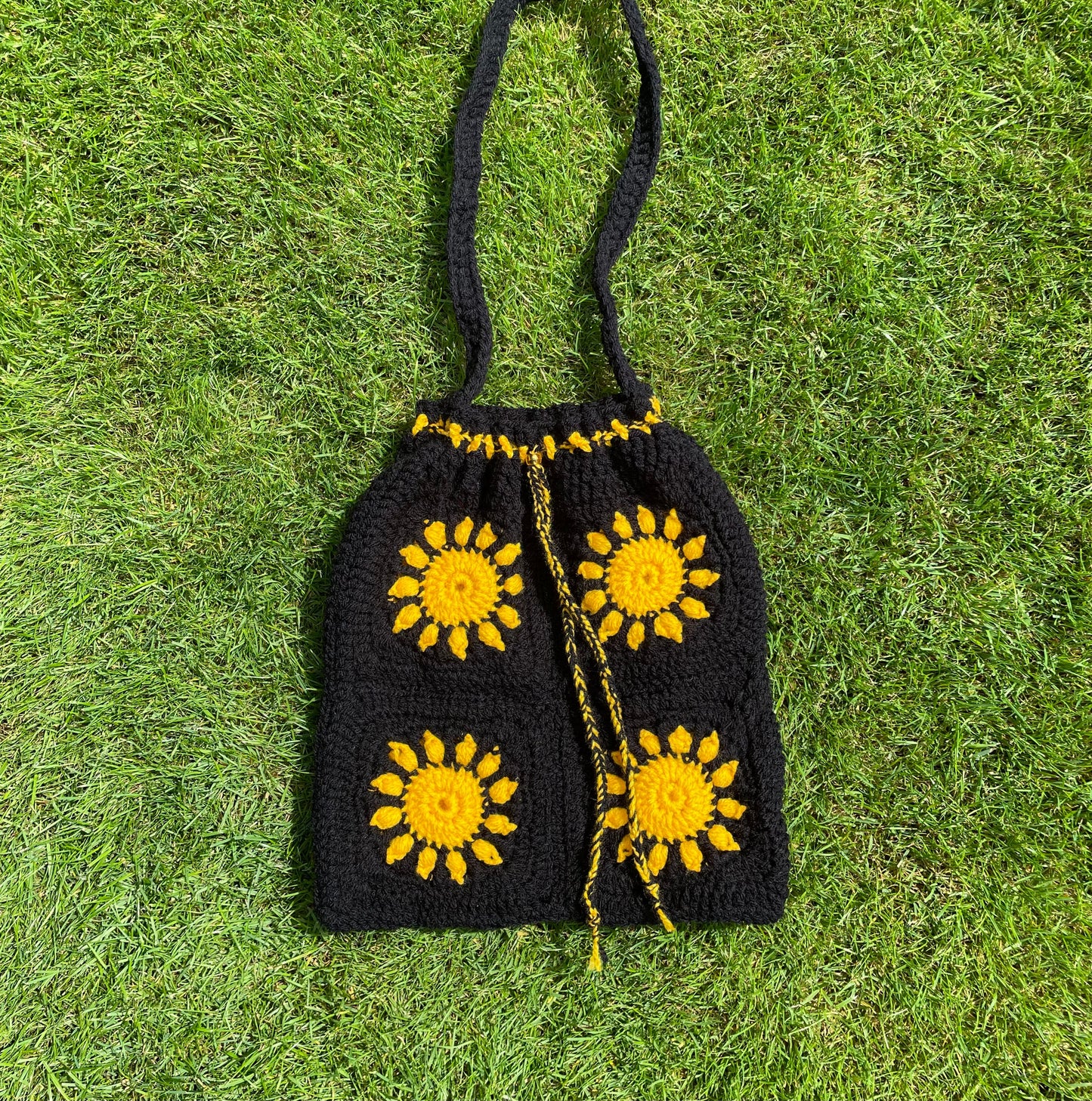 Black Sundance Drawstring Crochet Bag