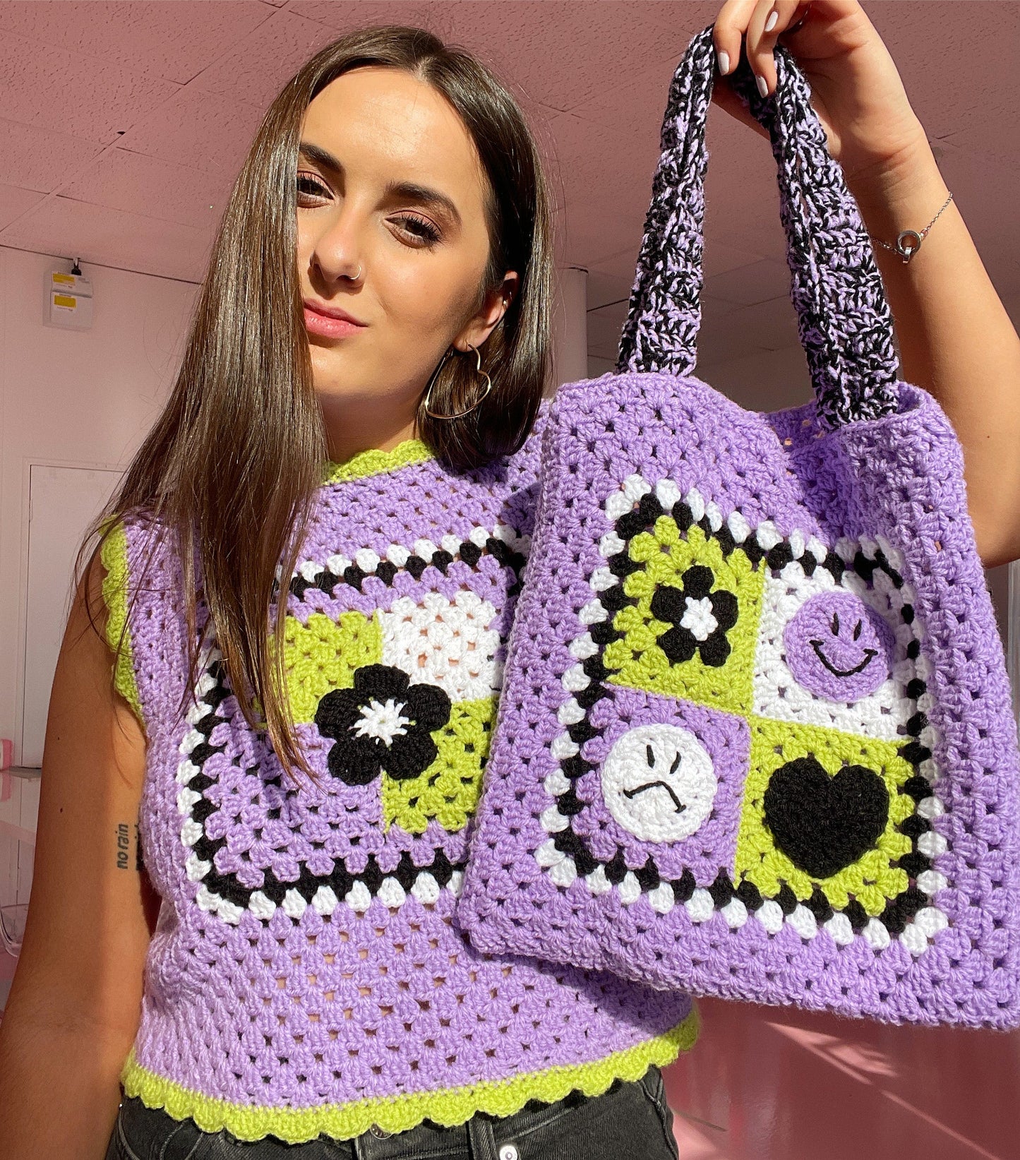 Daphne Granny Square Crochet Vest - Purple and Green