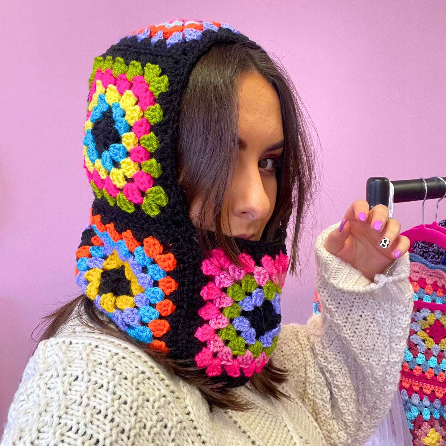 Handmade Black Rainbow Crochet Balaclava