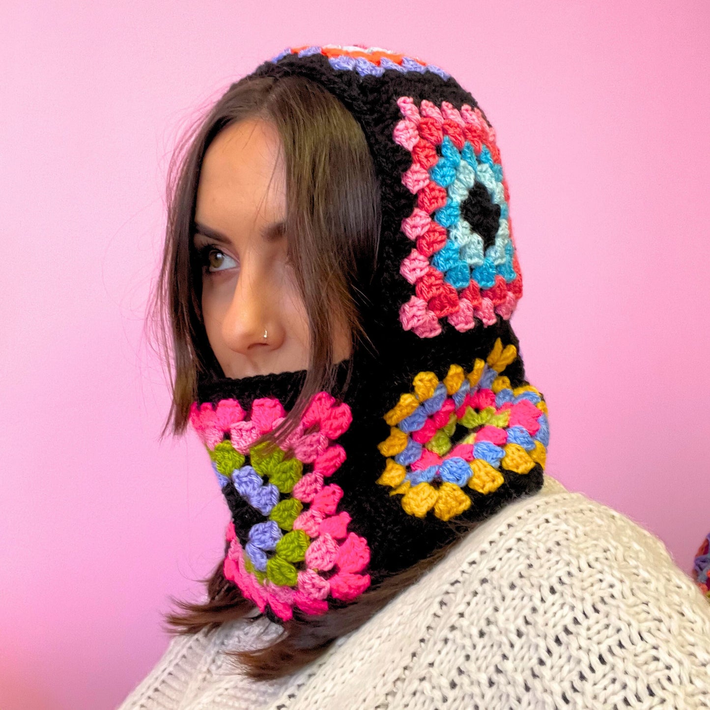Handmade Black Rainbow Crochet Balaclava