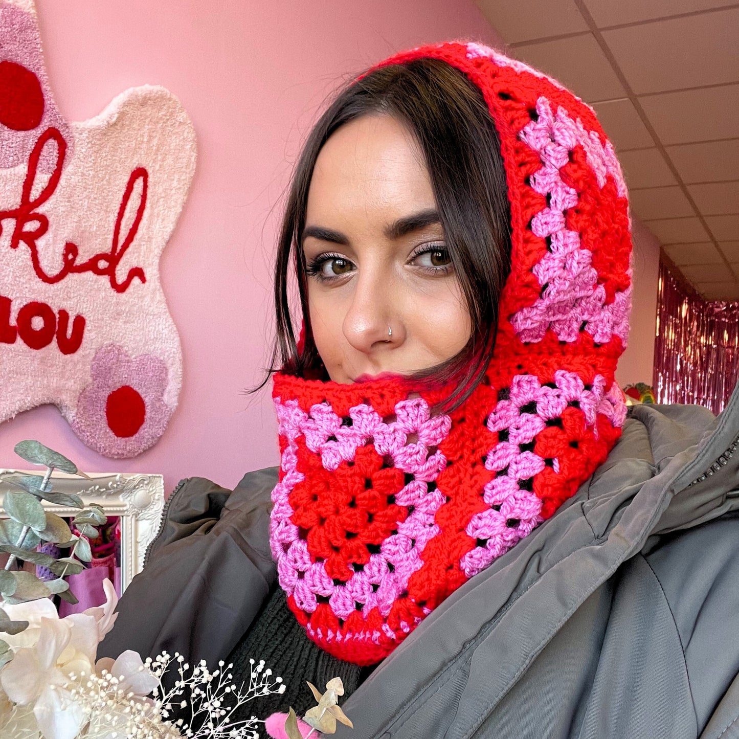 red and pink colourful balaclava