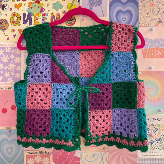 Patchwork Bottle Green Crochet Vest - Size S