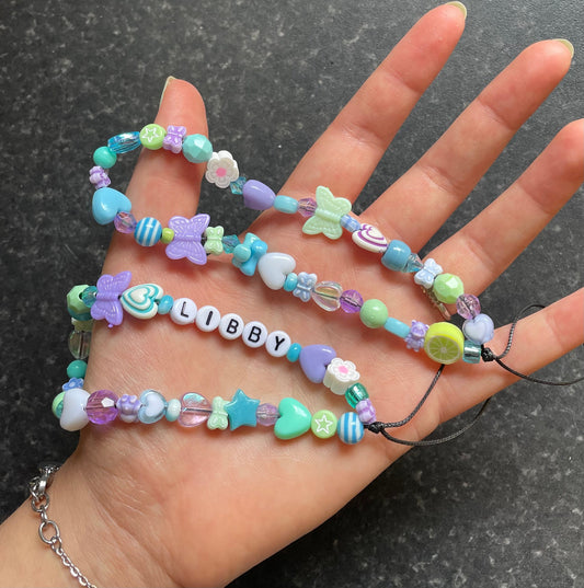 Personalised Y2K Beaded Phone Charm - Green/Blue/Purple