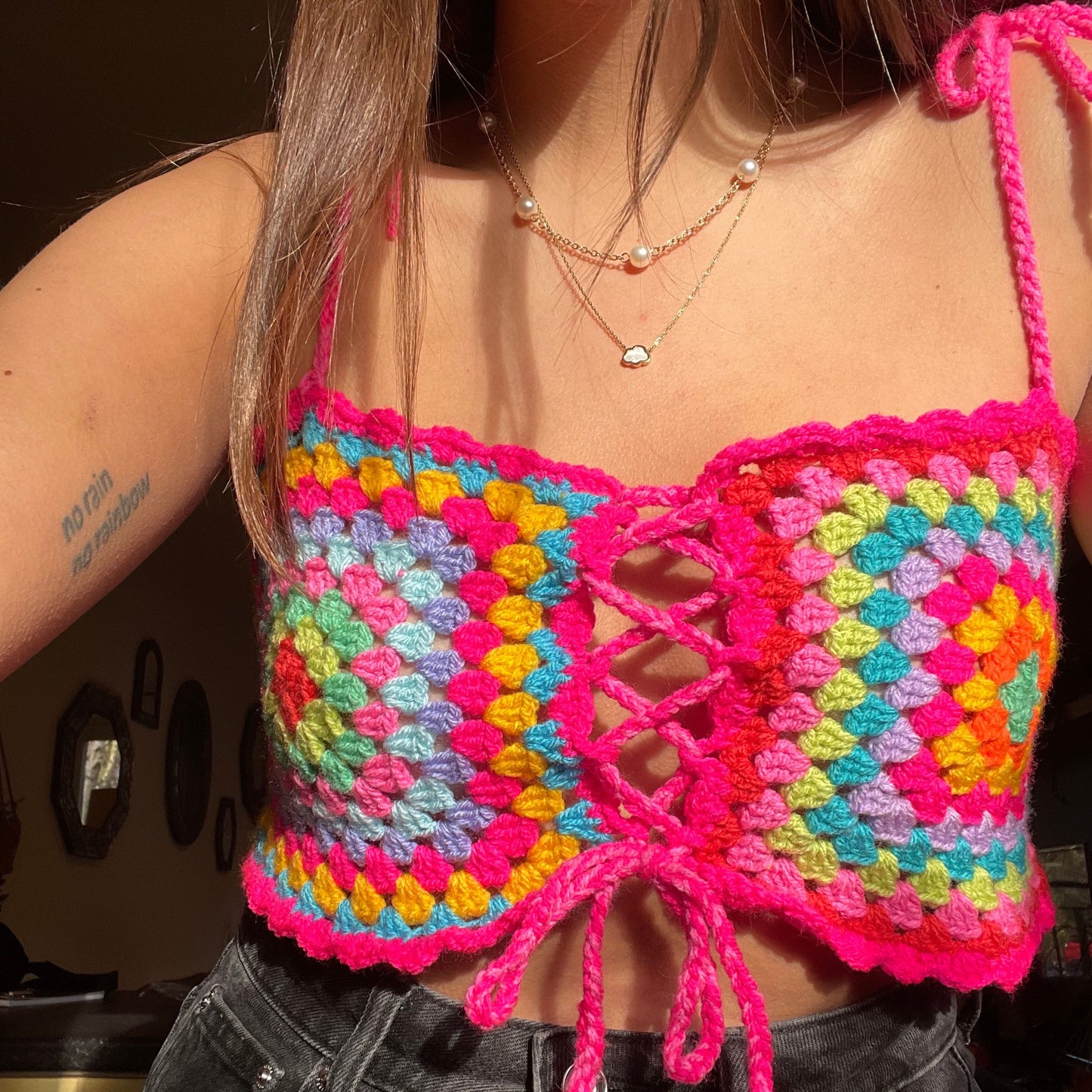 Emily Rainbow Crochet Crop Top - Corset Style
