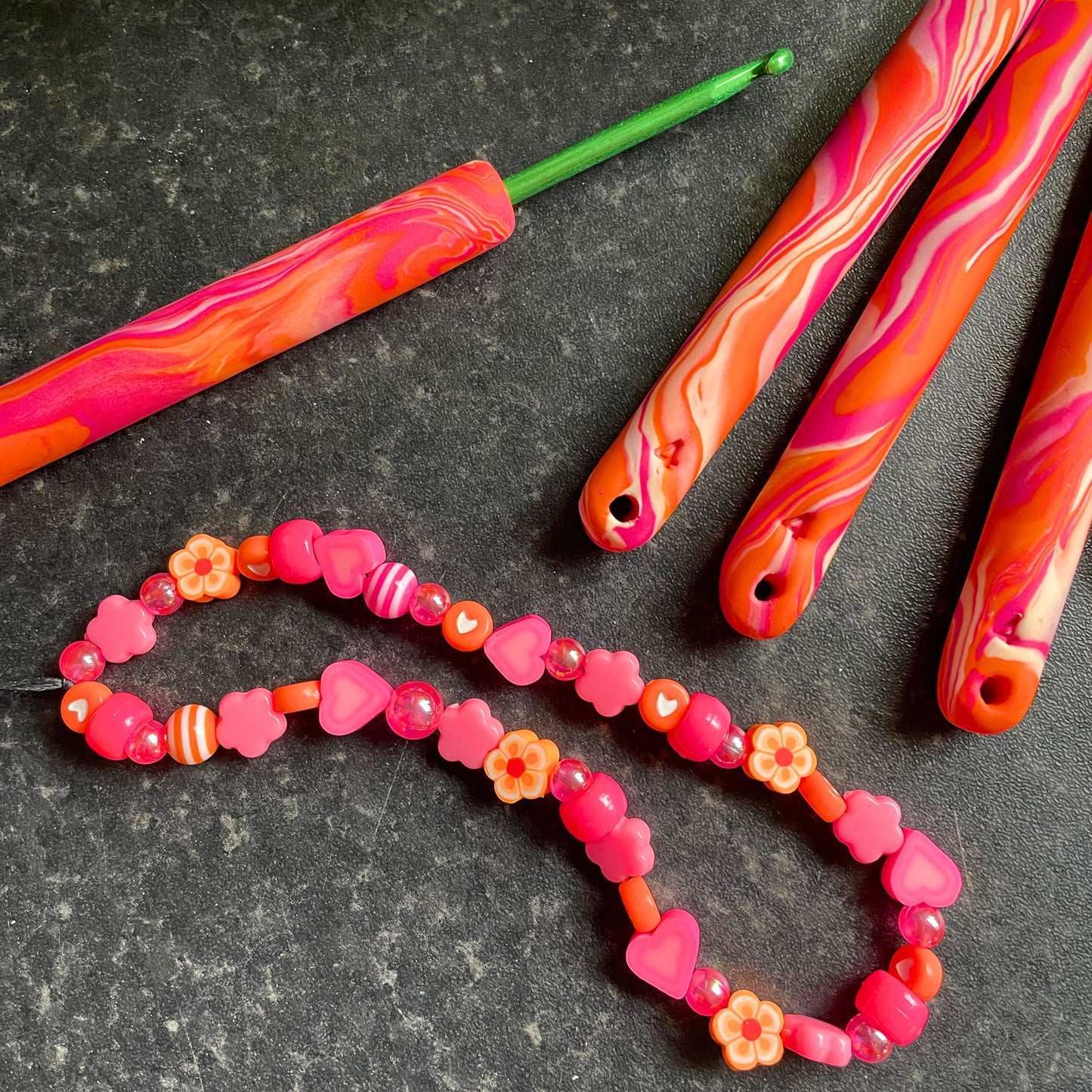 Pink and Orange Marble Polymer Clay Crochet Hook