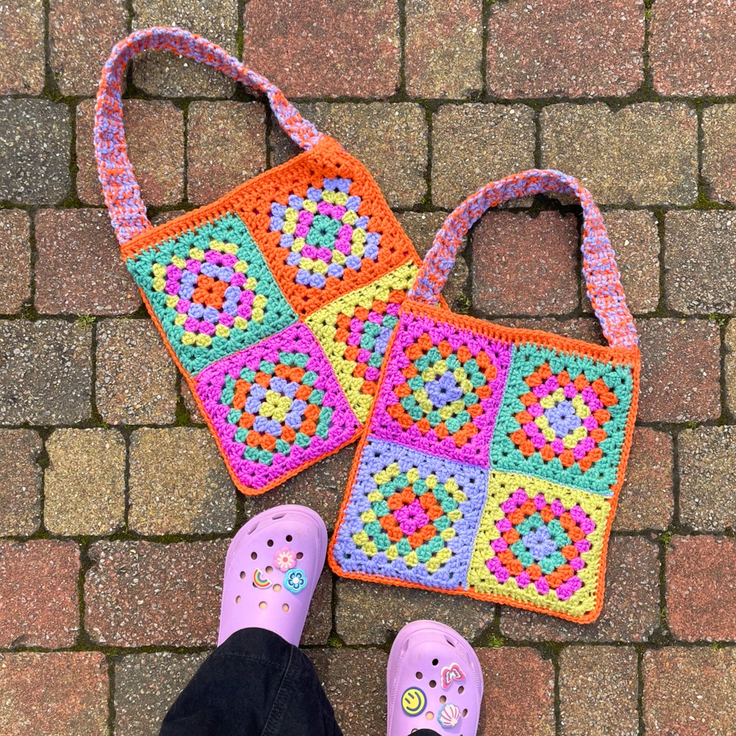 Colourful handmade crochet patchwork tote bag