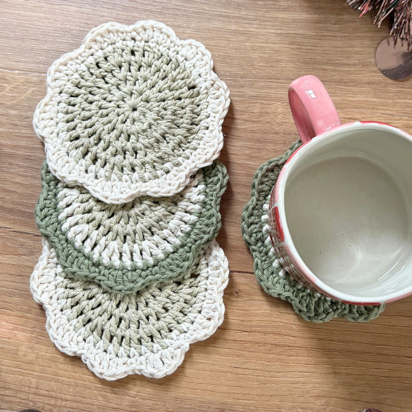 Flower Coaster Set - Green and Cream