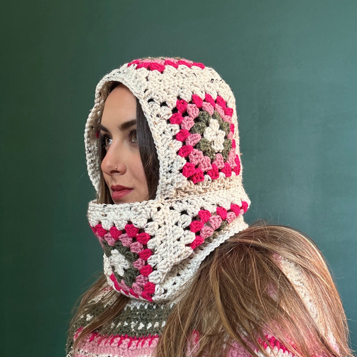 Handmade Crochet Balaclava - Cream, Pink and Green