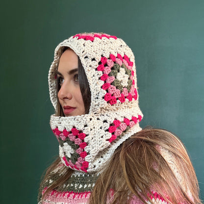 Handmade Crochet Balaclava - Cream, Pink and Green