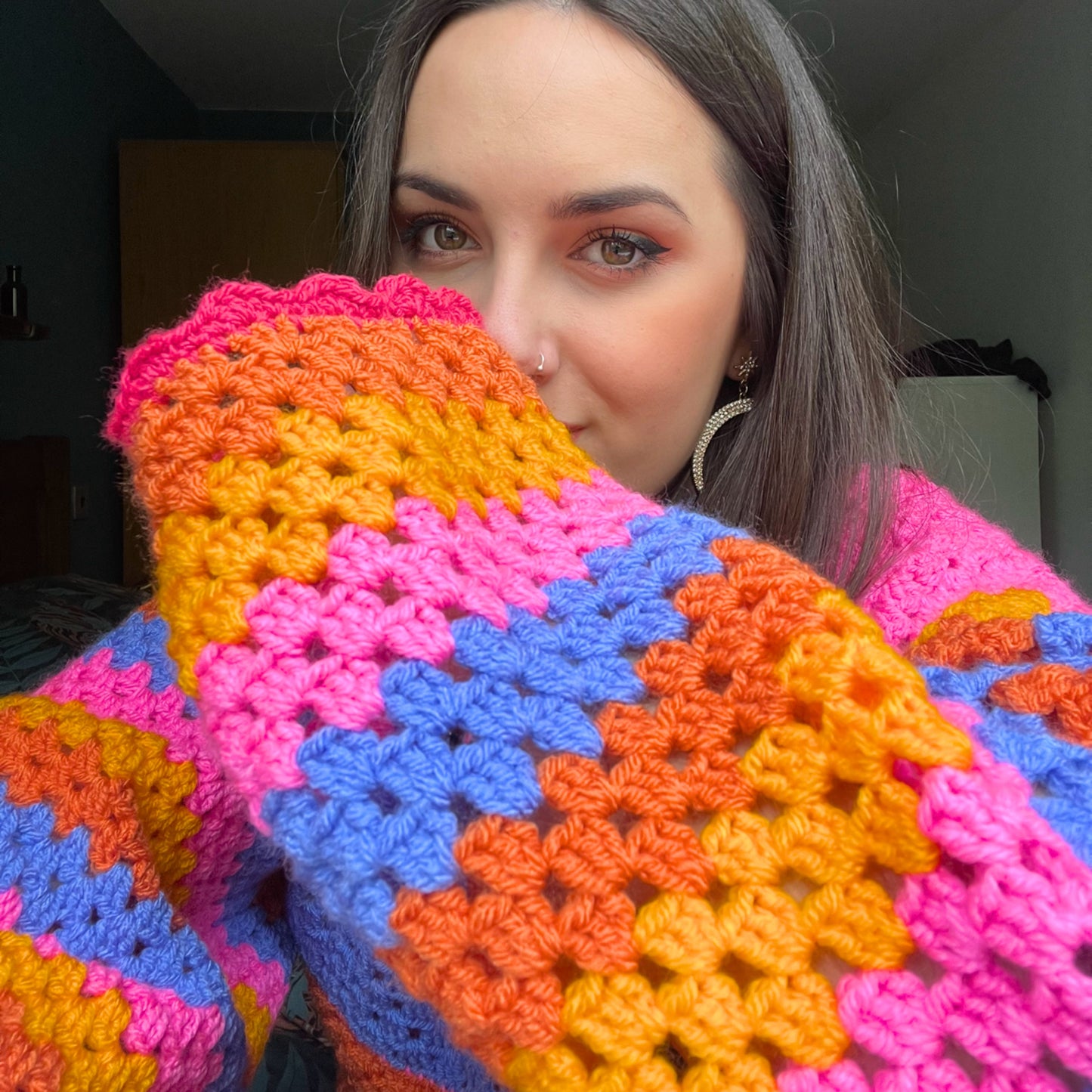 Colourful Handmade Patchwork Crochet Jumper - Size M