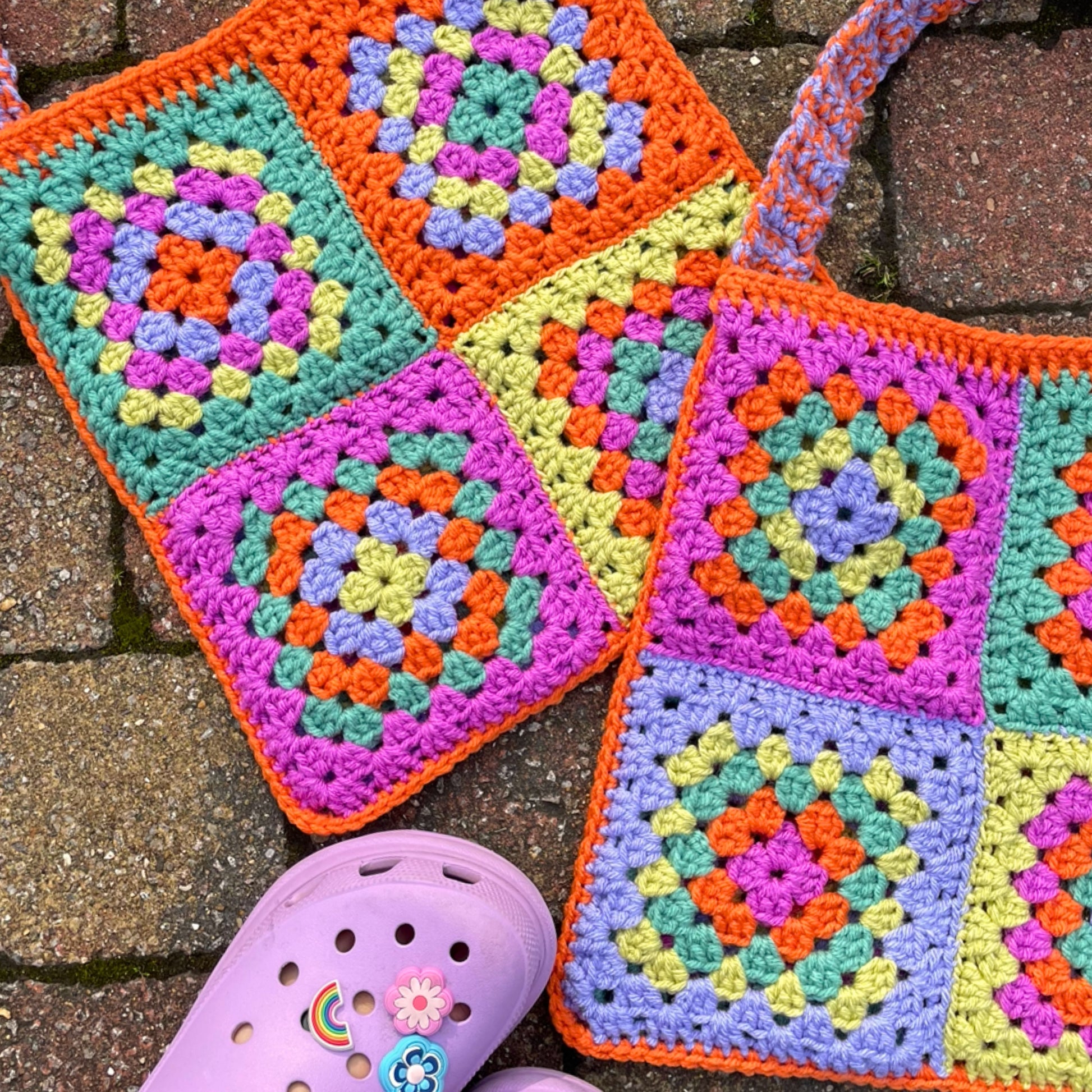 Colourful handmade crochet patchwork tote bag