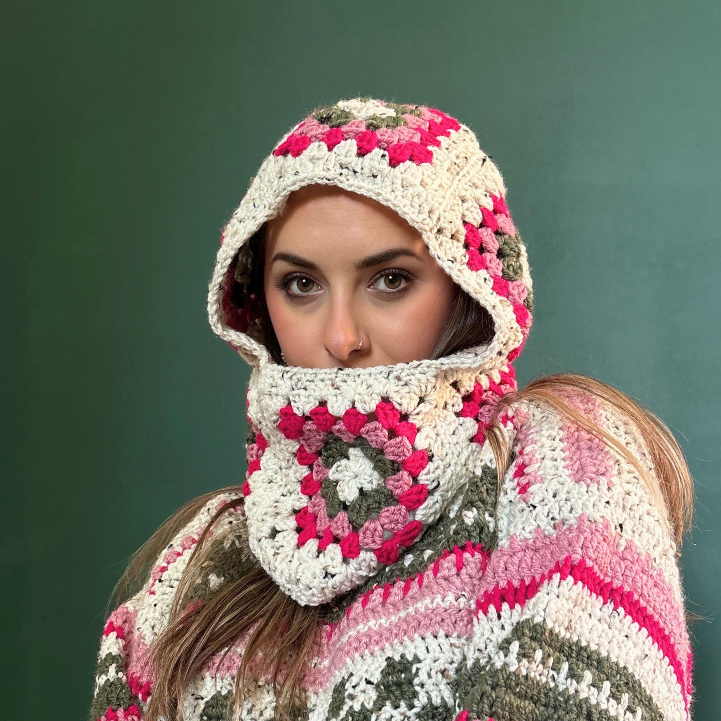 Handmade Crochet Balaclava - Cream, Pink and Green